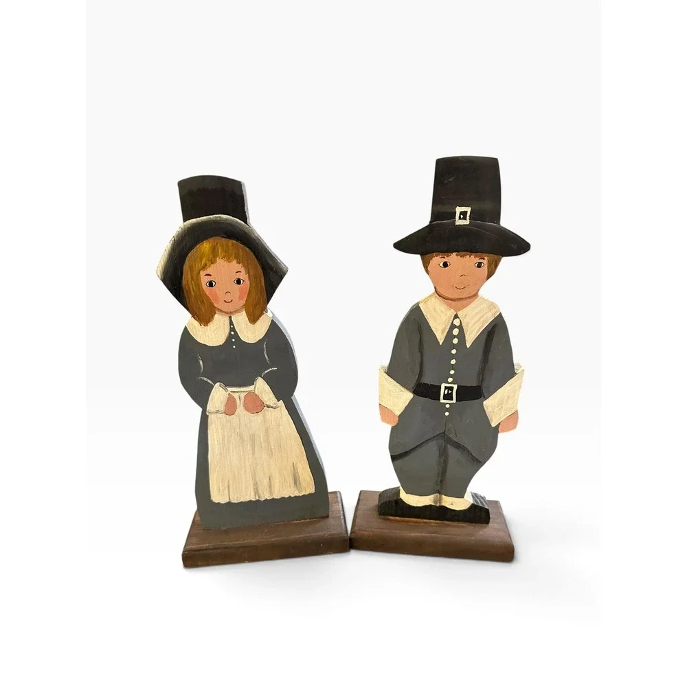 Hand-Painted Vintage Thanksgiving Pilgrim Wooden Figurines
